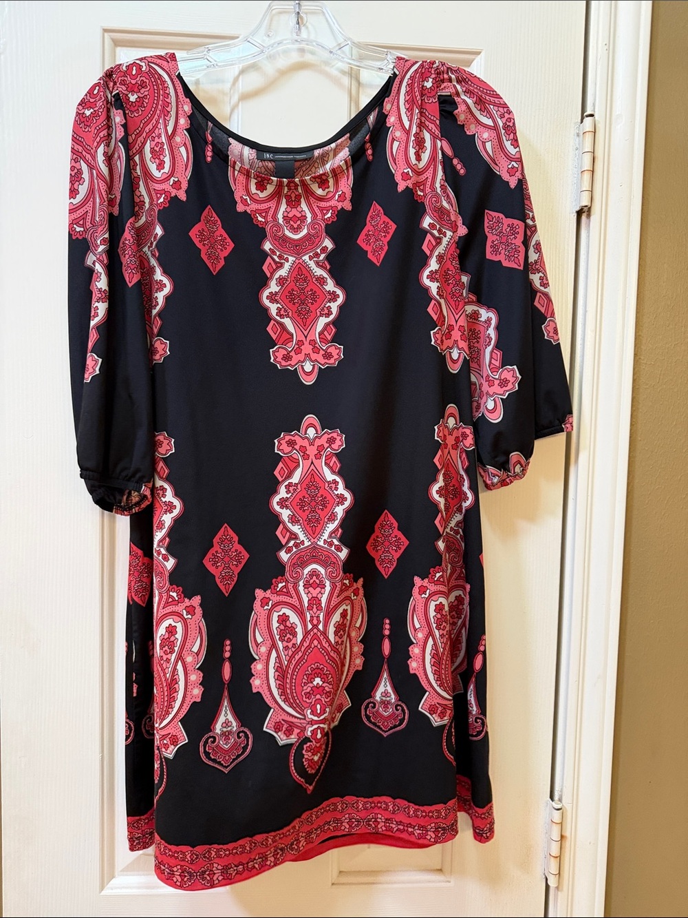 INC International Concepts Black Midi Dress with Red Paisley Print